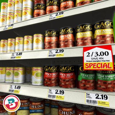 3D Model of Grocery shelves stocked with low poly soup products - 3D Render 5